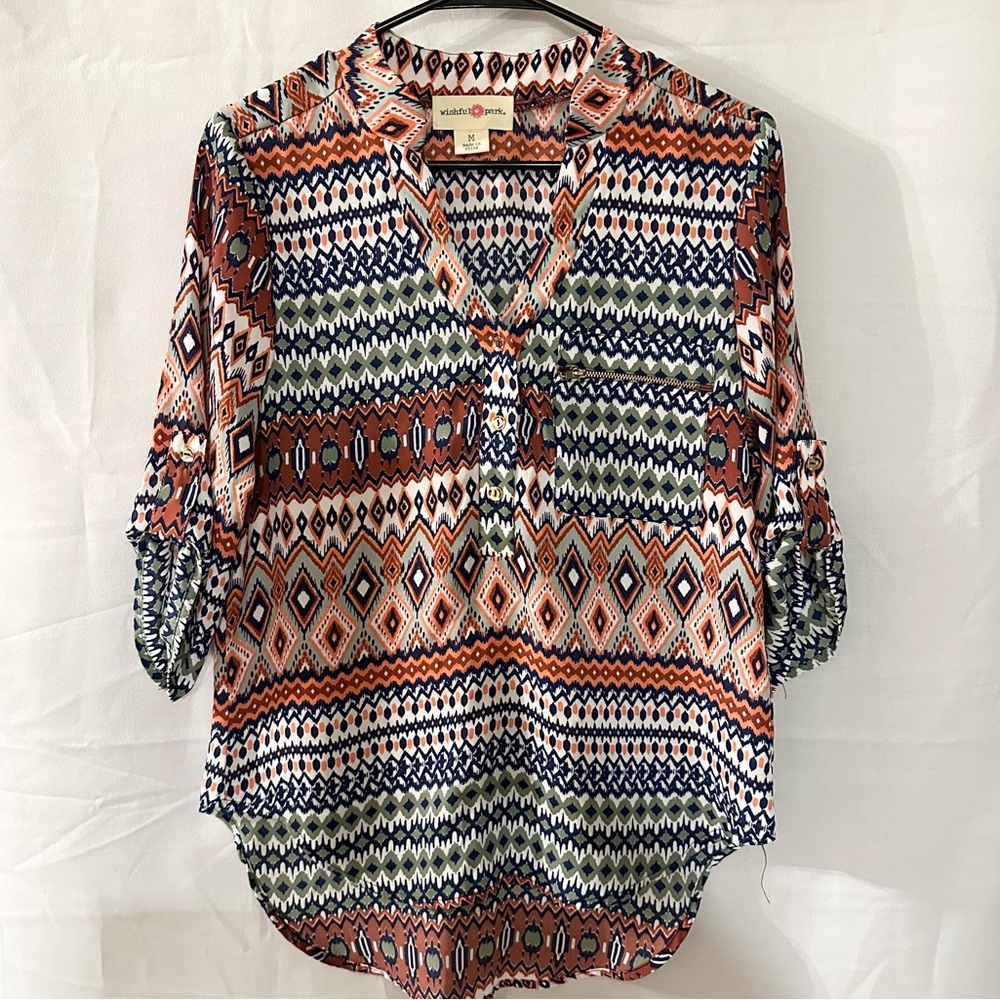 Wishful Park Size Medium Blouse Aztec Print 3/4 sleeve
